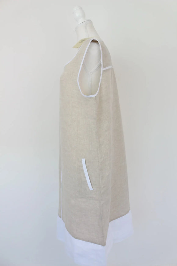 Beige & White 100% Linen Dress | Sizes XS & XL | Brand New