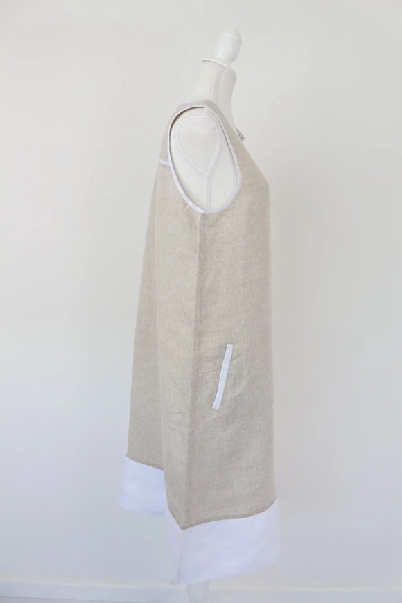 Beige & White 100% Linen Dress | Sizes XS & XL | Brand New
