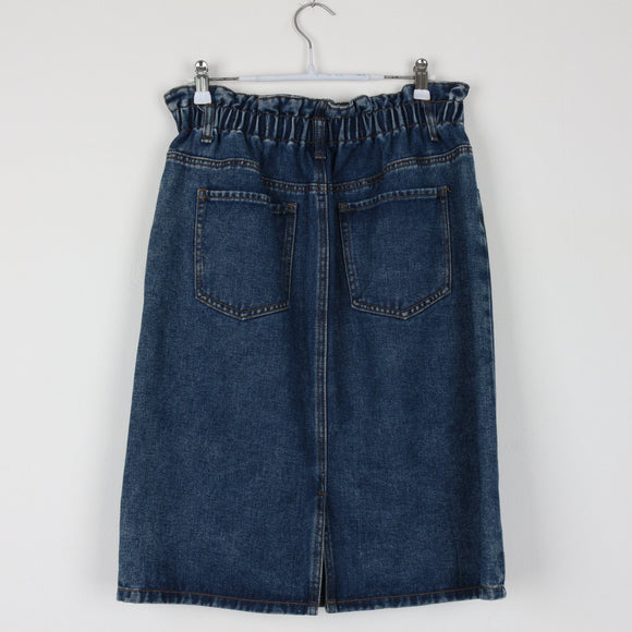 Denim Pencil Skirt | Paper-Bag Waist | Double Button | Mid Blue | Size 12