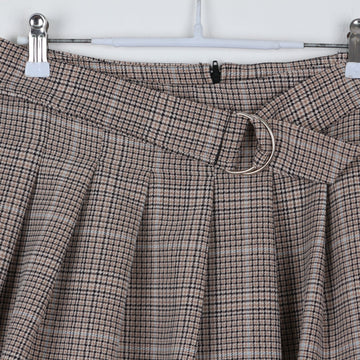 RT Glen Plaid Pleated Mini Skirt | D-Ring Belt | Beige & Brown | Size 12 - 0