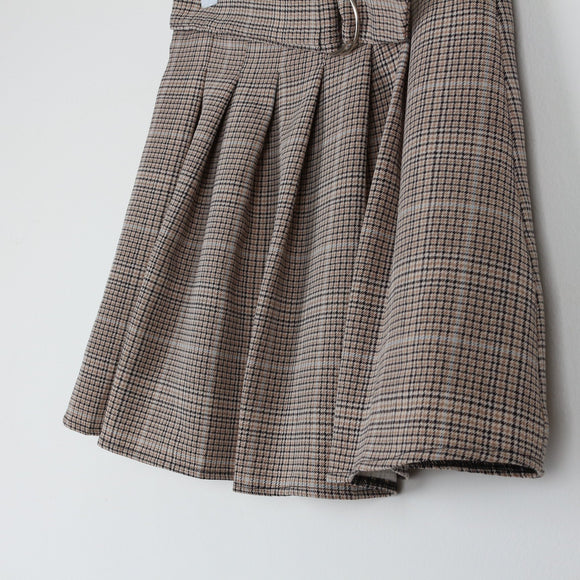 RT Glen Plaid Pleated Mini Skirt | D-Ring Belt | Beige & Brown | Size 12