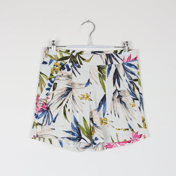 Tropical Floral Print High-Waist Shorts | Cream | Flowy Fit | Size XS