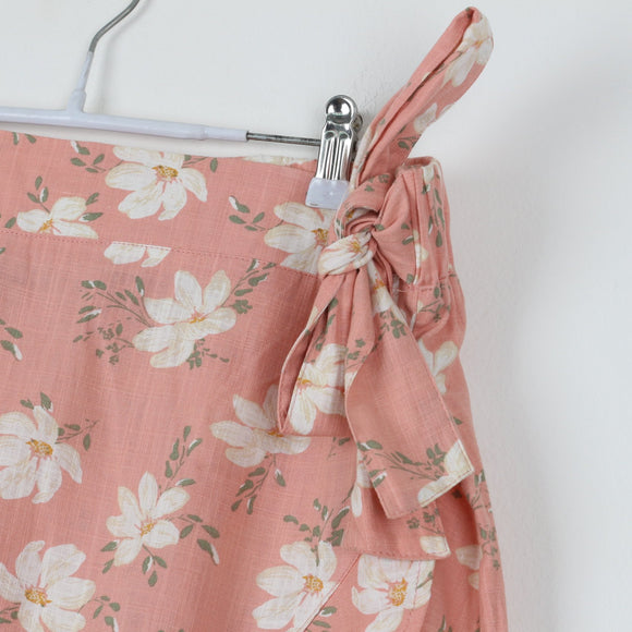 Dusty Pink Floral Wrap Mini Skirt | Side Bow Tie | Ruffle Hem | Size L