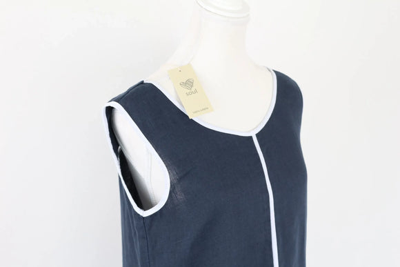 Navy & White 100% Linen Dress | Sizes S & XL | Brand New