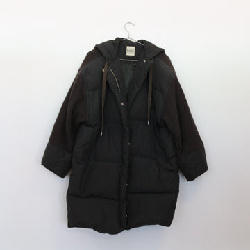 LAP Olive Puffer Jacket | Contrast Wool Sleeves | Drawstring Hood | Zip & Snap | Size S