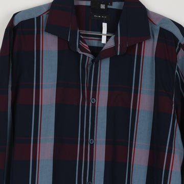 DSS Slim Fit Navy & Burgundy Tartan Plaid Shirt | Long Sleeve | Spread Collar | Size L - 0