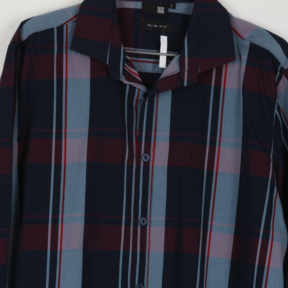 DSS Slim Fit Navy & Burgundy Tartan Plaid Shirt | Long Sleeve | Spread Collar | Size L