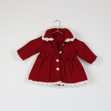 Red Faux Fur Trim Christmas Coat | Bow Detail | Gold Snowflake Buttons | Baby 3-6 Months