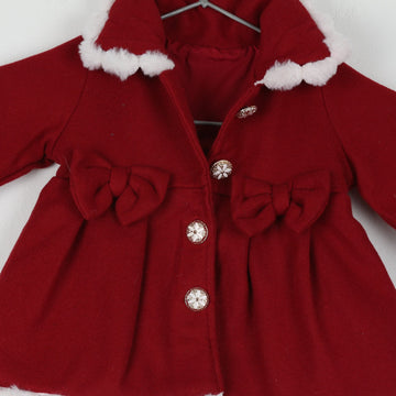 Red Faux Fur Trim Christmas Coat | Bow Detail | Gold Snowflake Buttons | Baby 3-6 Months - 0
