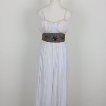 White Chiffon Ruched Strapless Maxi Dress with Pearl Trim & Beaded Sash – Size S