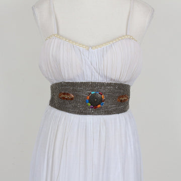 White Chiffon Ruched Strapless Maxi Dress with Pearl Trim & Beaded Sash – Size S - 0