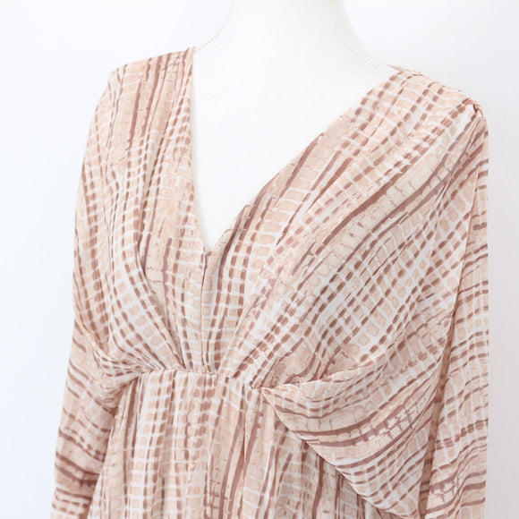 Blush & Mocha Abstract Stripe Batwing Plunge V-Neck Mini Dress – Size M