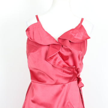 Fuchsia Satin Ruffle-Trim Wrap Midi Dress with Tie Waist – Size S - 0