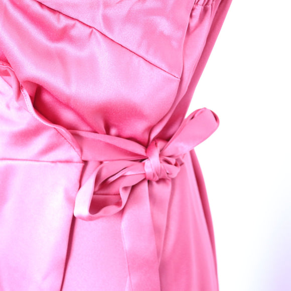 Fuchsia Satin Ruffle-Trim Wrap Midi Dress with Tie Waist – Size S