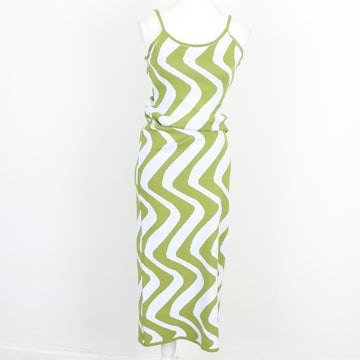 Lime Green & White Wavy Zigzag Knit Spaghetti Strap Bodycon Midi Dress – Size M