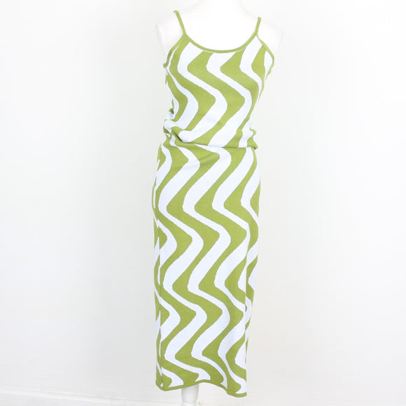 Lime Green & White Wavy Zigzag Knit Spaghetti Strap Bodycon Midi Dress – Size M