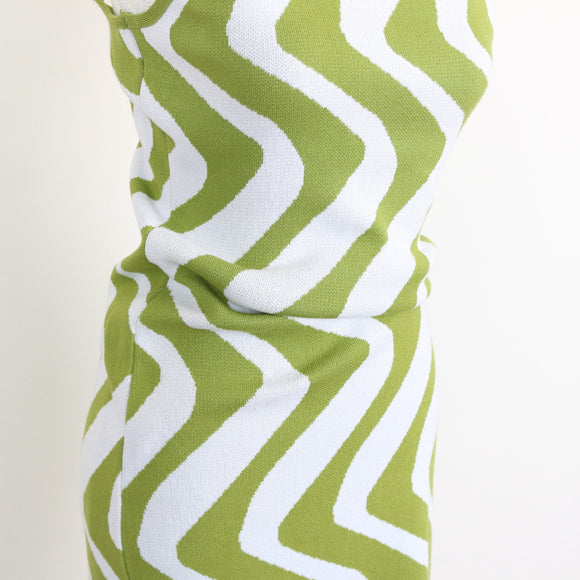 Lime Green & White Wavy Zigzag Knit Spaghetti Strap Bodycon Midi Dress – Size M