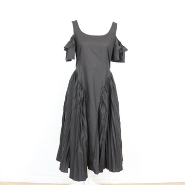 Black Cold-Shoulder Ruffle Sleeve Basque Waist Pleated Full Skirt Midi Dress – Size S