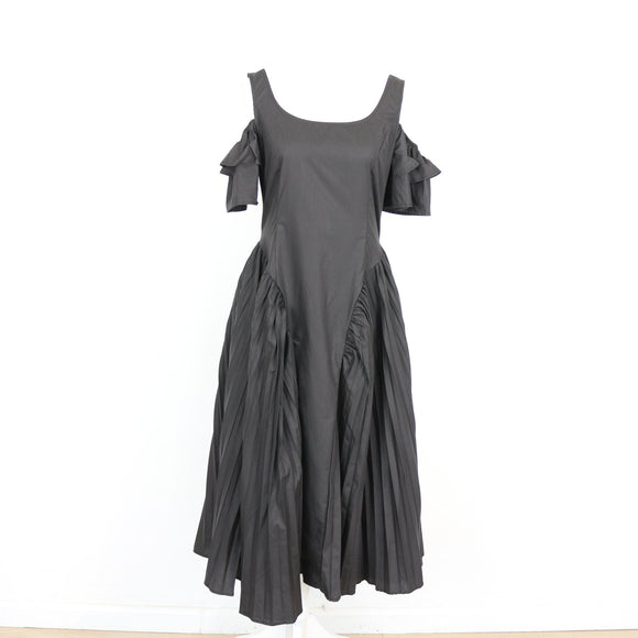 Black Cold-Shoulder Ruffle Sleeve Basque Waist Pleated Full Skirt Midi Dress – Size S