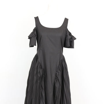 Black Cold-Shoulder Ruffle Sleeve Basque Waist Pleated Full Skirt Midi Dress – Size S - 0