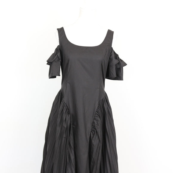 Black Cold-Shoulder Ruffle Sleeve Basque Waist Pleated Full Skirt Midi Dress – Size S