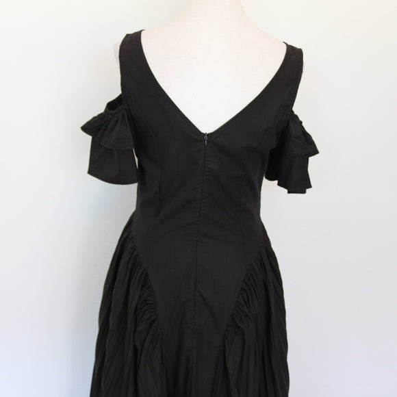 Black Cold-Shoulder Ruffle Sleeve Basque Waist Pleated Full Skirt Midi Dress – Size S