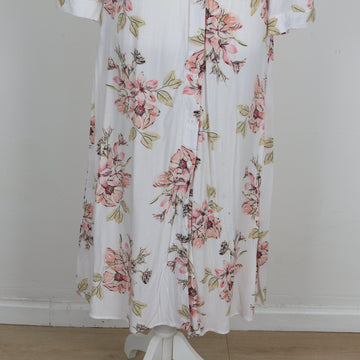 White Blush Peony Print Ruffle Collar Long Sleeve Belted Shirt Midi Dress – Size M - 0