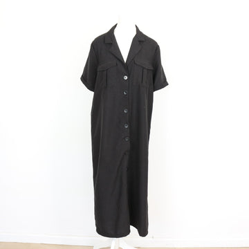 Black Notched Lapel Short Sleeve Button-Front Oversized Shirt Maxi Dress with Chest Pockets – Size L