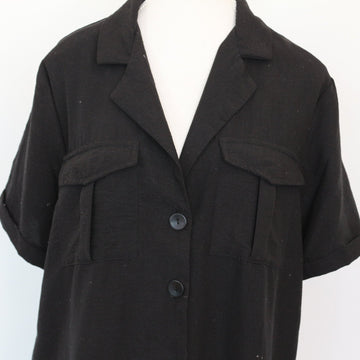 Black Notched Lapel Short Sleeve Button-Front Oversized Shirt Maxi Dress with Chest Pockets – Size L - 0