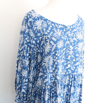 Cornflower Blue Botanical Print Long Sleeve Tiered Smock Midi Dress with Ruffle Pockets – Size M - 0