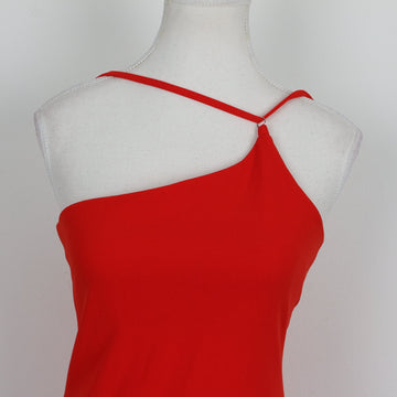 Red Asymmetric One-Shoulder Bandage Bodycon Midi Dress with Feather Hem – Size S - 0