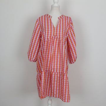 Exact Pink & Orange Gingham Seersucker Balloon Sleeve Drop-Waist Mini Dress – Size 10