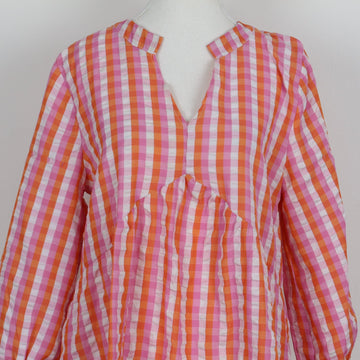 Exact Pink & Orange Gingham Seersucker Balloon Sleeve Drop-Waist Mini Dress – Size 10 - 0