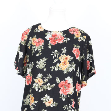Black Rose Bouquet Print Chiffon Short Sleeve Round-Neck Shift Mini Dress – Size S - 0
