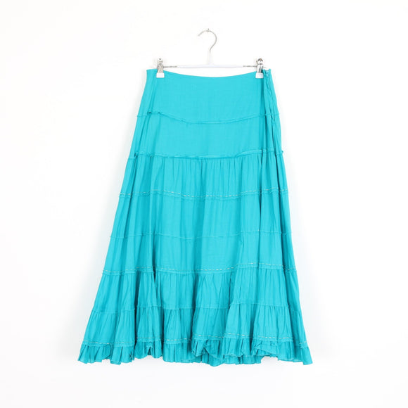 Turquoise Tiered Maxi Skirt with Embroidered Trim – Size S