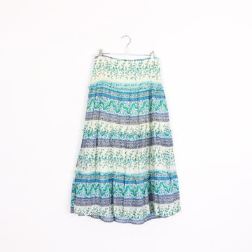 Teal & White Paisley Floral Boho Maxi Skirt – Size 32