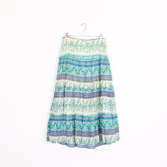 Teal & White Paisley Floral Boho Maxi Skirt – Size 32