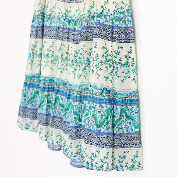Teal & White Paisley Floral Boho Maxi Skirt – Size 32