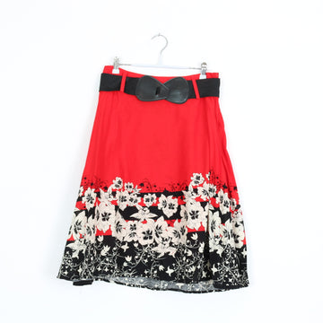 Red & Black Floral Border A-Line Midi Skirt with Bow Belt – Size 32
