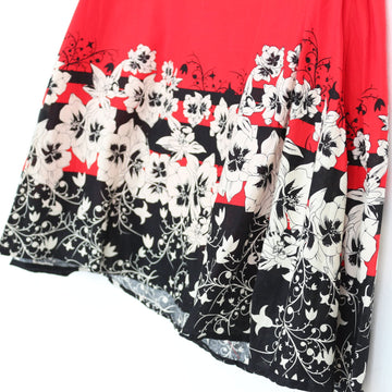 Red & Black Floral Border A-Line Midi Skirt with Bow Belt – Size 32 - 0