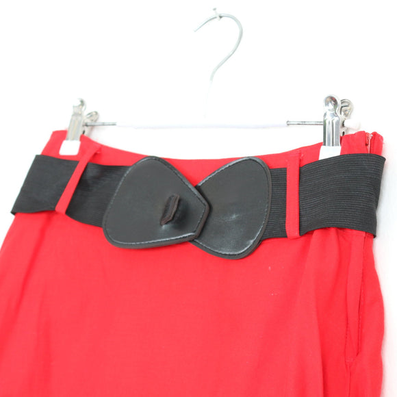 Red & Black Floral Border A-Line Midi Skirt with Bow Belt – Size 32