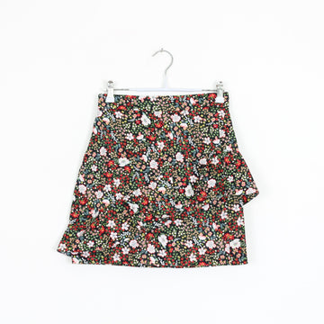 Black Ditsy Floral Ruffle Wrap Mini Skirt – Size 6