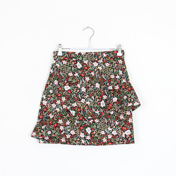Black Ditsy Floral Ruffle Wrap Mini Skirt – Size 6