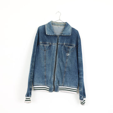 Denim Varsity Bomber Jacket with Striped Ribbed Trim – Size M