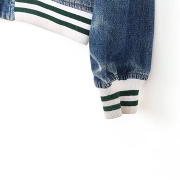 Denim Varsity Bomber Jacket with Striped Ribbed Trim – Size M - 0