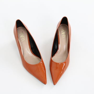 Zara Burnt Orange Patent Leather Pointed-Toe Stiletto Pumps – Size 39 - 0