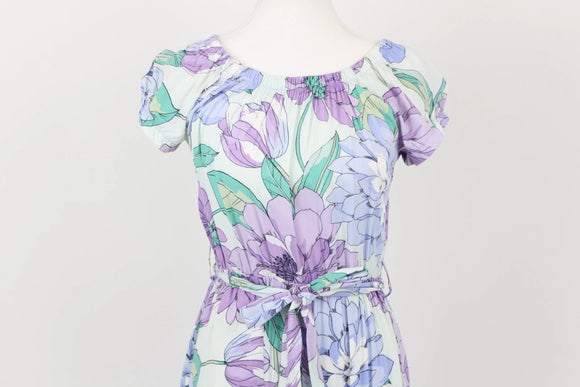 Purple & Green Floral Belted Summer Dress | Size S | Brand New