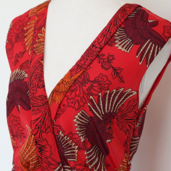Red Printed Satin Mini Dress, Size 10