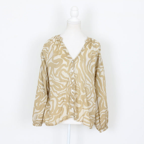 Beige and White Long-Sleeve Shirt, Size L