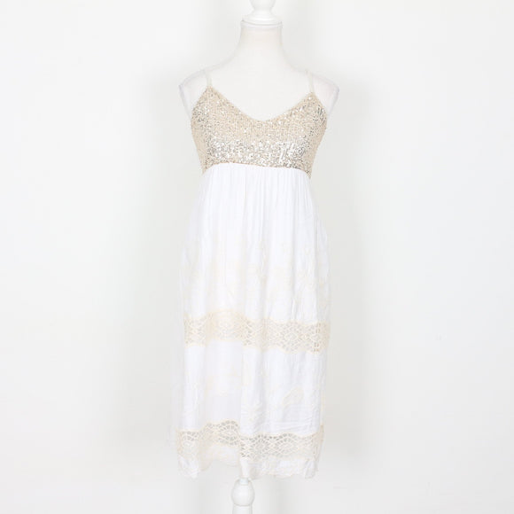 White Embroidered Dress with Gold Sequins | Size S